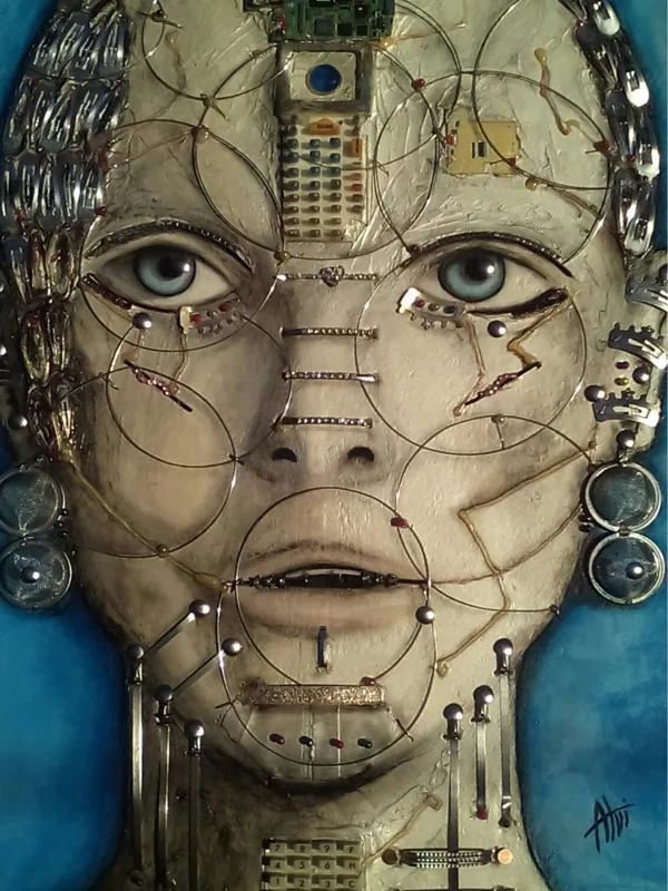 60x60 humanoid 1   -acrilico e materiale riciclo-